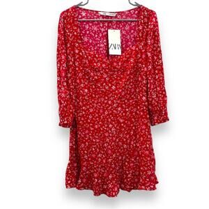 Zara Red & White Dainty Floral Print 3/4 Sleeve Sweetheart Mini Dress Size M NWT